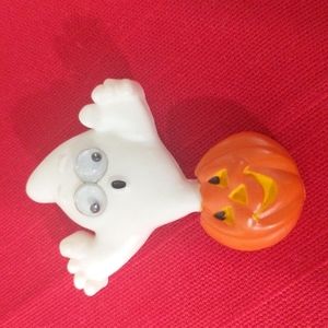 Vintage 1984 Hallmark Cards Orange Jack-o-lantern and White Ghost Plastic Brooch